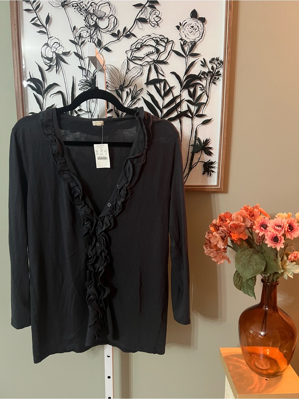 NWT J. Crew Black Ruffle-Trim Long Sleeve Lightweight Cardigan Size XL